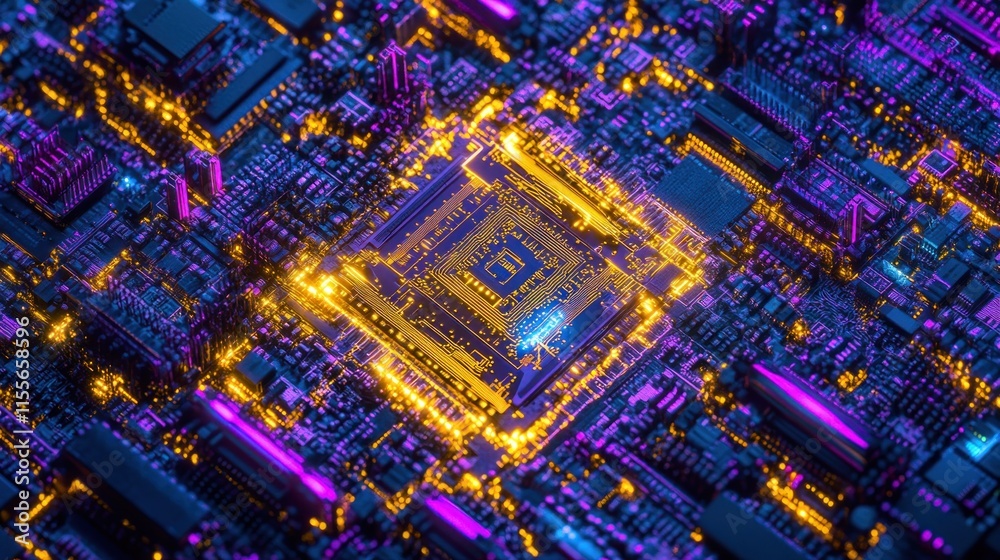 Fototapete close-up of illuminated central processing unit on circuit board. (1)