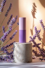 A purple cosmetic tube placed on an elegant stone pedestal, surrounded by delicate lavender flowers, sunlight and shadow on wall background