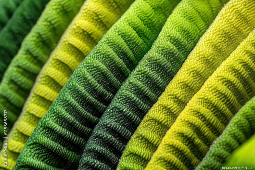 Poster close-up of vibrant green and yellow textured fabric, exhibiting a ribbed pattern and gradient shadi