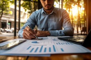 a person holding pen on paper of charts and documents at table