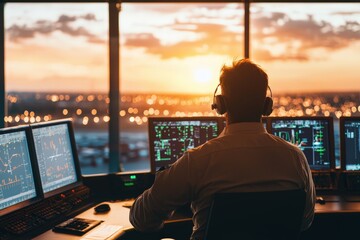 Airfield control center dispatcher directs the flight of aircrafts