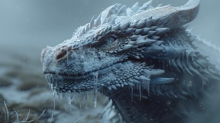 Winter season. Misty landscape . A close-up view of a dragon's head covered in snow. Suitable for fantasy or winter-themed projects