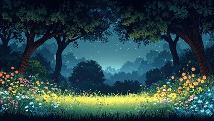 Enchanting Night Forest Meadow with Colorful Flowers