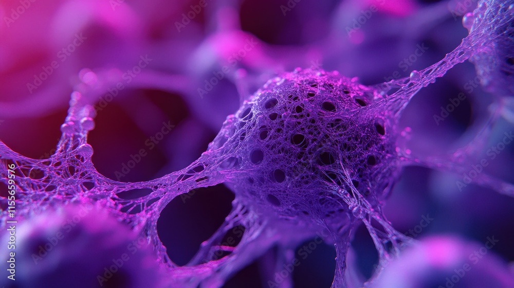Poster microscopic view of interconnected cells with complex network, vibrant purple and pink hues.
