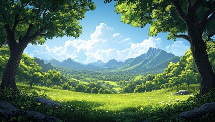 Serene Valley Landscape with Lush Green Trees and Mountains