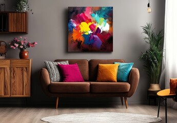Modern Living Room Interior with Abstract Art, Colorful Cushions, Stylish Furniture, and Natural Light in a Contemporary Space