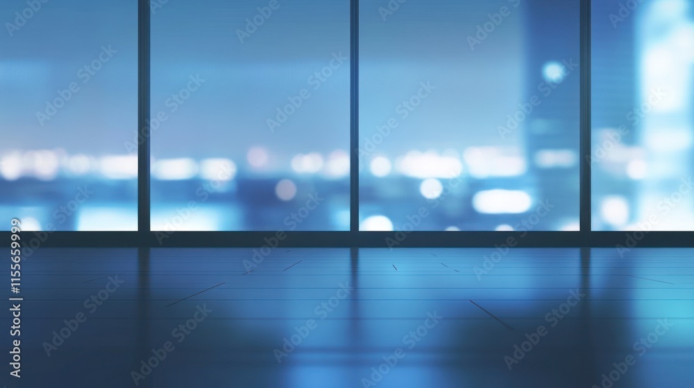 Poster night city view from large window, reflecting on shiny floor.