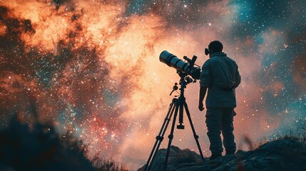 Astronomer observes celestial bodies and the cosmos through telescope