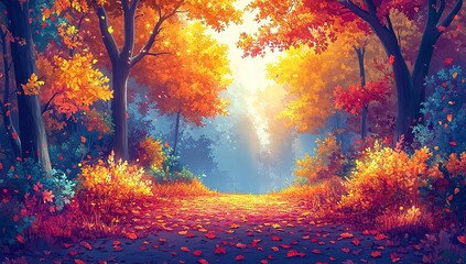 Colorful Autumn Forest Path, Ideal for Nature Enthusiasts