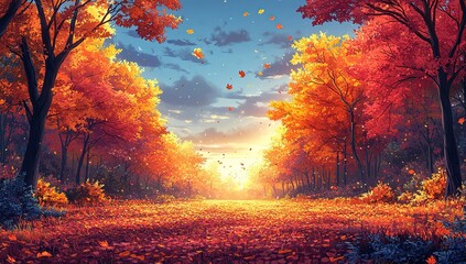 Autumn Forest Pathway at Sunset: Vibrant Fall Colors