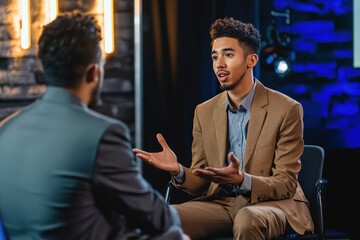 TV program host conducts live interview with guest