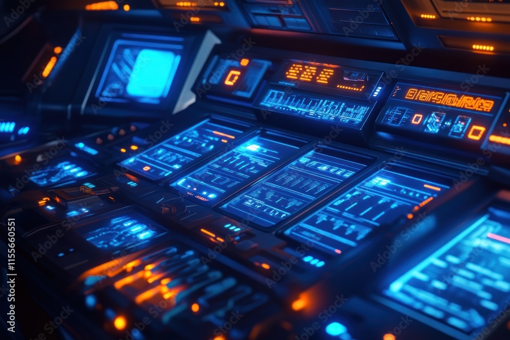 Aufkleber futuristic spaceship control panel with glowing blue and orange interfaces. (1)