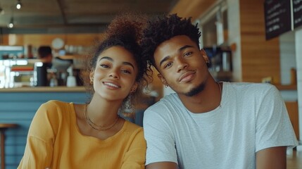 Obraz premium Smiling young african couple enjoying time together at cafe