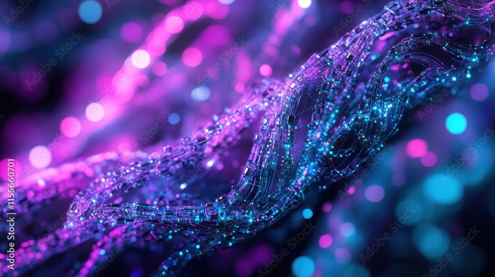 Poster abstract glowing purple and blue liquid wave with bokeh lights.