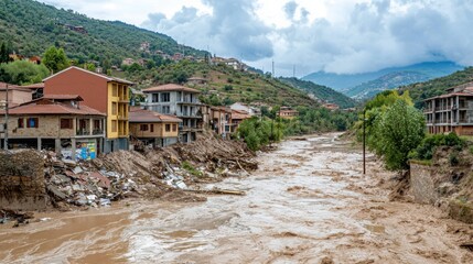 A flooded landscape shows homes beside a raging river, highlighting the impact of heavy rainfall and erosion in a mountainous area.