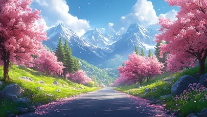 Serene Spring Path Through a Blossoming Mountain Valley
