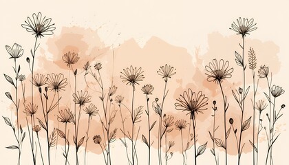 Elegant Line Art Wildflowers Peach Watercolor Background