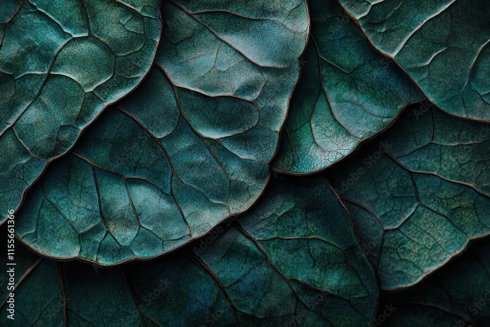 Aufkleber close-up of overlapping teal leaves with detailed veining, creating a textured natural background.