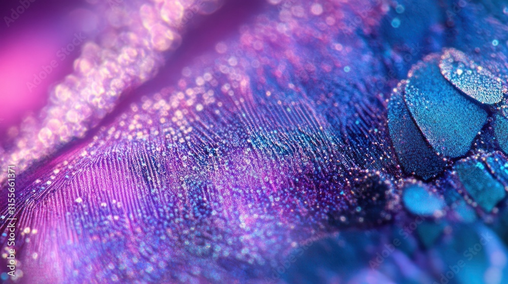 Poster abstract close-up of vibrant purple and blue textured surface with glittering particles and water dr