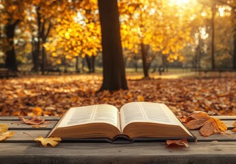 Open Book on Wooden Table Surrounded by Autumn Leaves in a Park with Golden Trees and Soft Sunlight Creating a Peaceful and Serene Reading Environment
