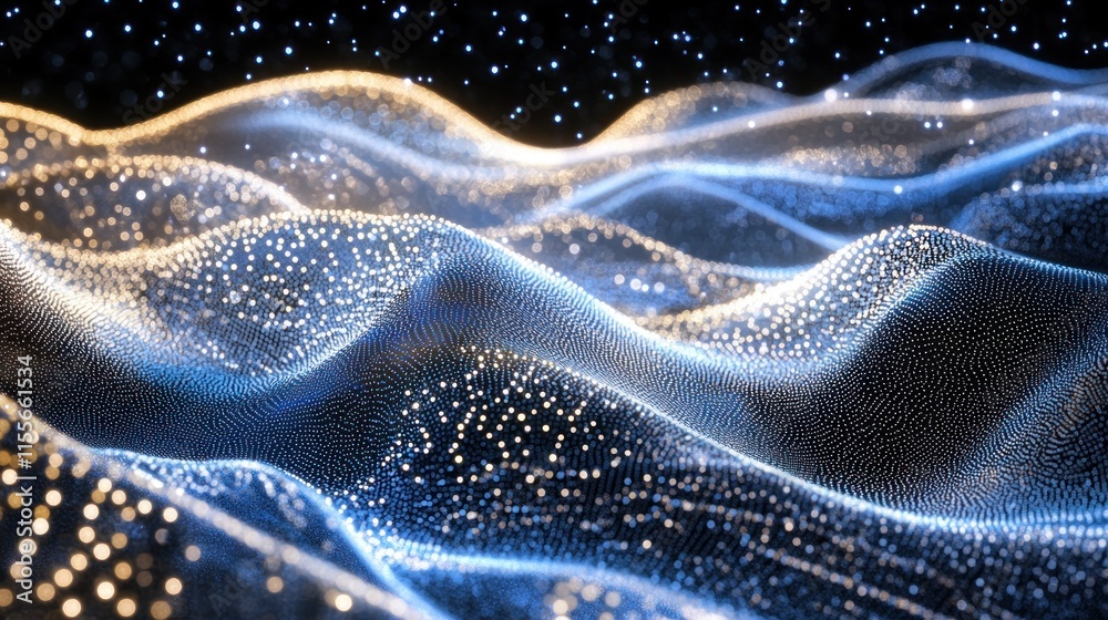 Poster abstract glowing blue and gold particle wave background.
