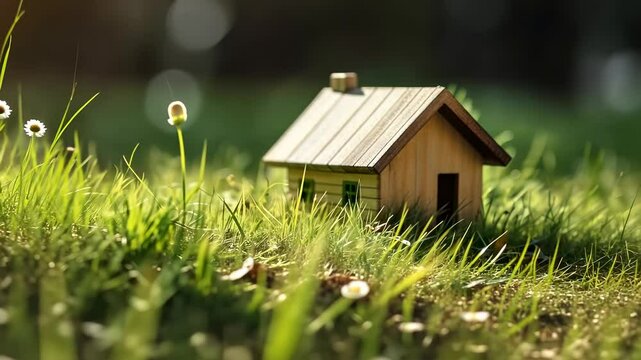 Tiny wooden house in green grass with dandelions and sunlight
