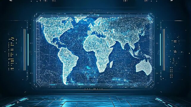 A detailed representation of a world map filled with digital connections and lights presents a futuristic view of global data flow and geographical relationships, showcasing advanced technology
