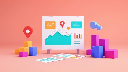 milestone and goal concept. Colorful 3D analytics display with charts, graphs, and blocks on a pink background.