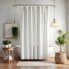 blank white shower curtain mockup boho bathroom