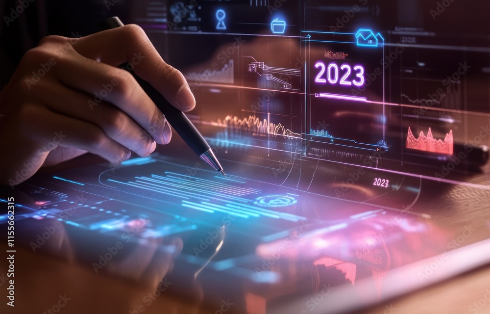 Poster Hand using stylus on tablet displaying 2023 data analytics and graphs.