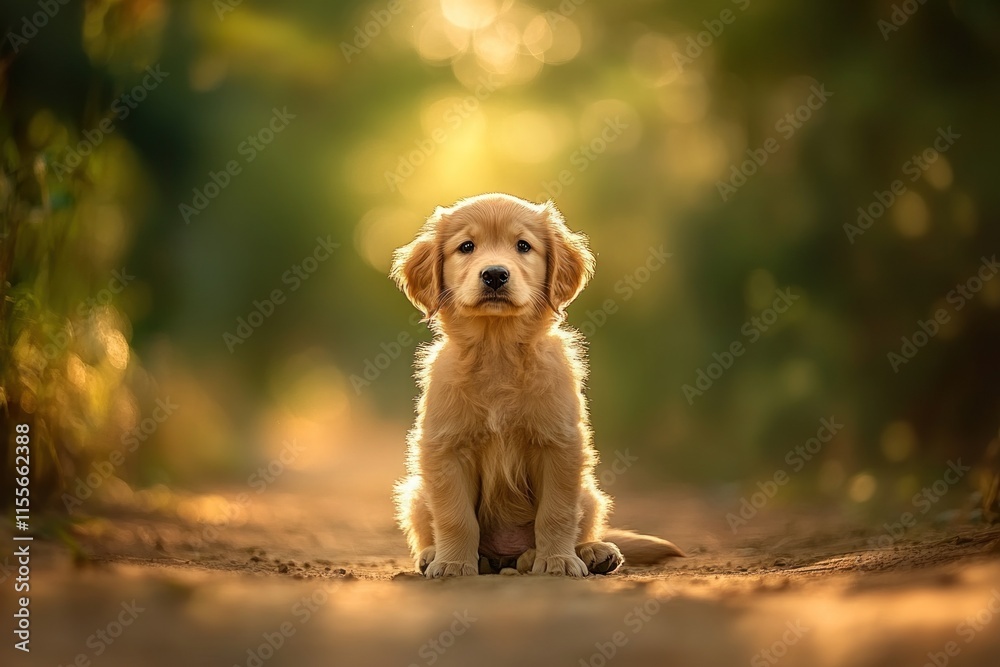 Poster adorable golden retriever puppy sitting on a path in a sunlit forest. (1)