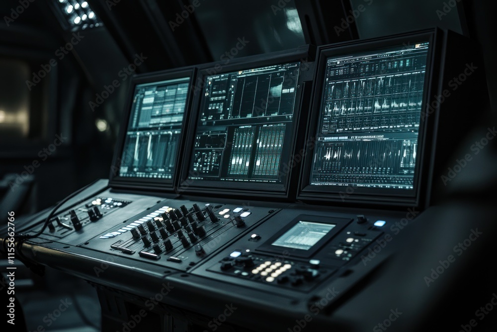 Poster Futuristic control panel with multiple monitors displaying complex data streams and audio mixing console.