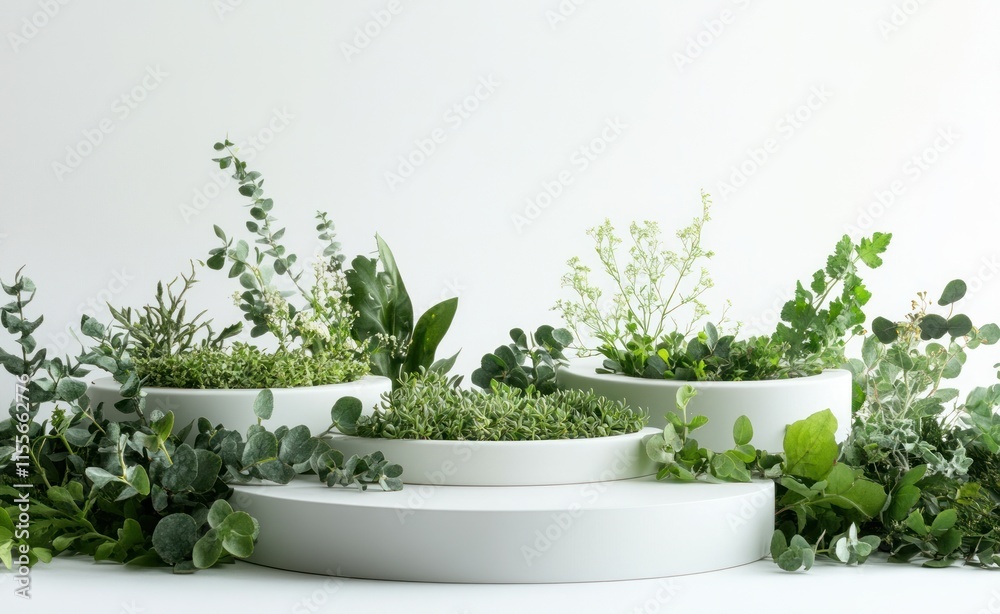 Poster lush greenery in white circular planters on a minimalist white background.