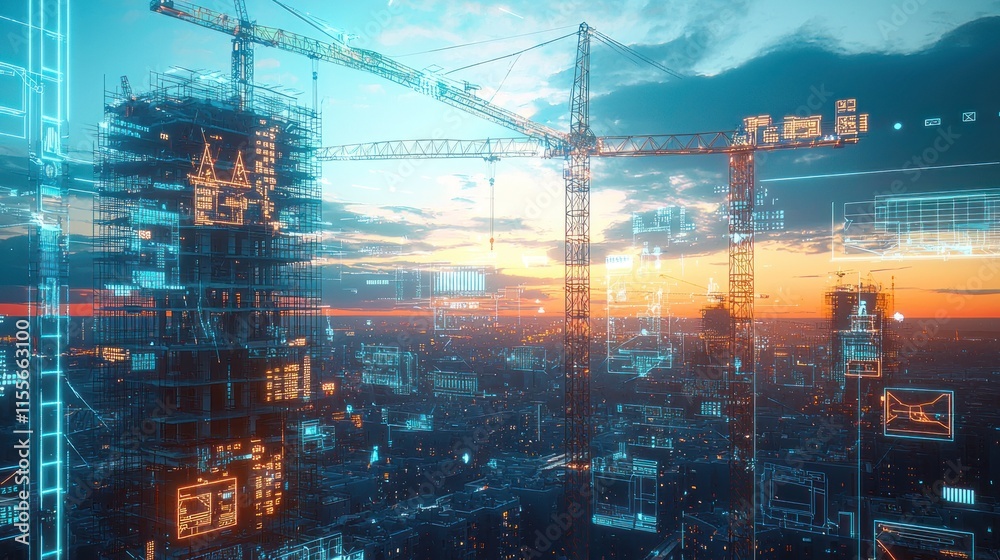 Poster futuristic city construction with digital overlays showing building plans and progress.