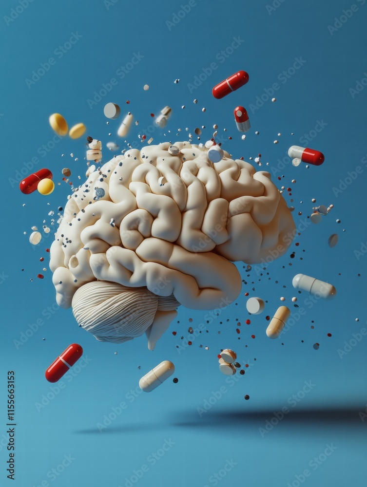 Aufkleber 3d brain model with colorful pills highlights the link between brain health and medication. generati