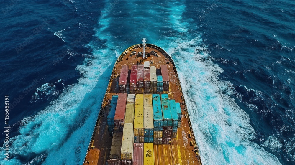 Poster Aerial view of a container ship sailing on the ocean.