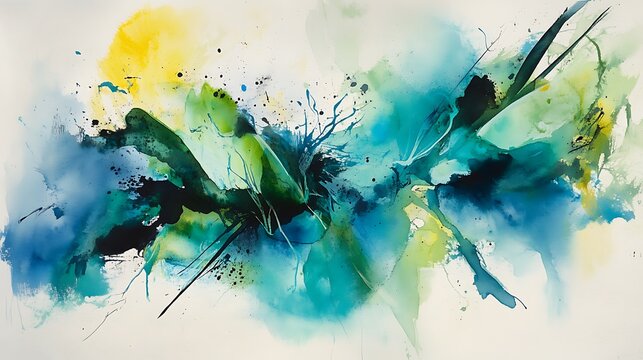 Artistic abstract watercolor design featuring vibrant teal and green tones