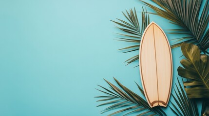 Wooden surfboard with tropical leaves on blue background.