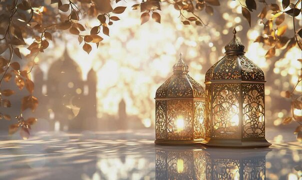 Eid mubarak and ramadan kareem greeting background with beautiful islamic lantern