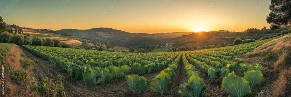 Poster sunset over a vast cabbage field on a hillside farm.