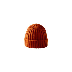 Orange knitted wool winter beanie with ribbed texture and a folded brim. Trendy color Ideal for keeping warm in cold weather Isolated on transparent and white background.