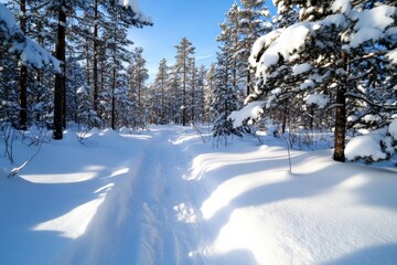 A bright winter day illuminates a snowy pathway through a dense forest, inviting outdoor enthusiasts to venture into nature's quiet beauty and embrace the chill.