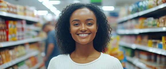 A smiling woman stands in a grocery store aisle, surrounded by products.
