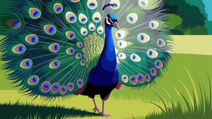 A vibrant peacock with a colorful feather display walking on grass in a lush green field