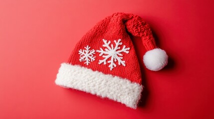 Red knitted Santa hat with white snowflakes and pompom on red background.