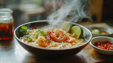 A steaming bowl of tom yum kung noodles with shrimp tails peeking out, served alongside a small plate of lime wedges and chili oil.