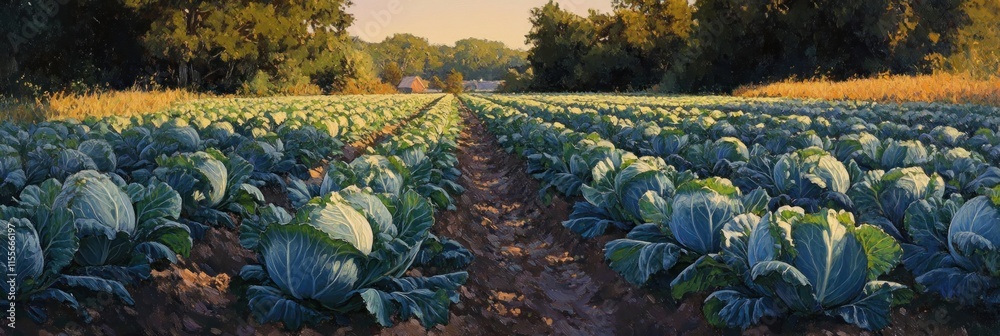 Poster rows of cabbages in a field at sunset.