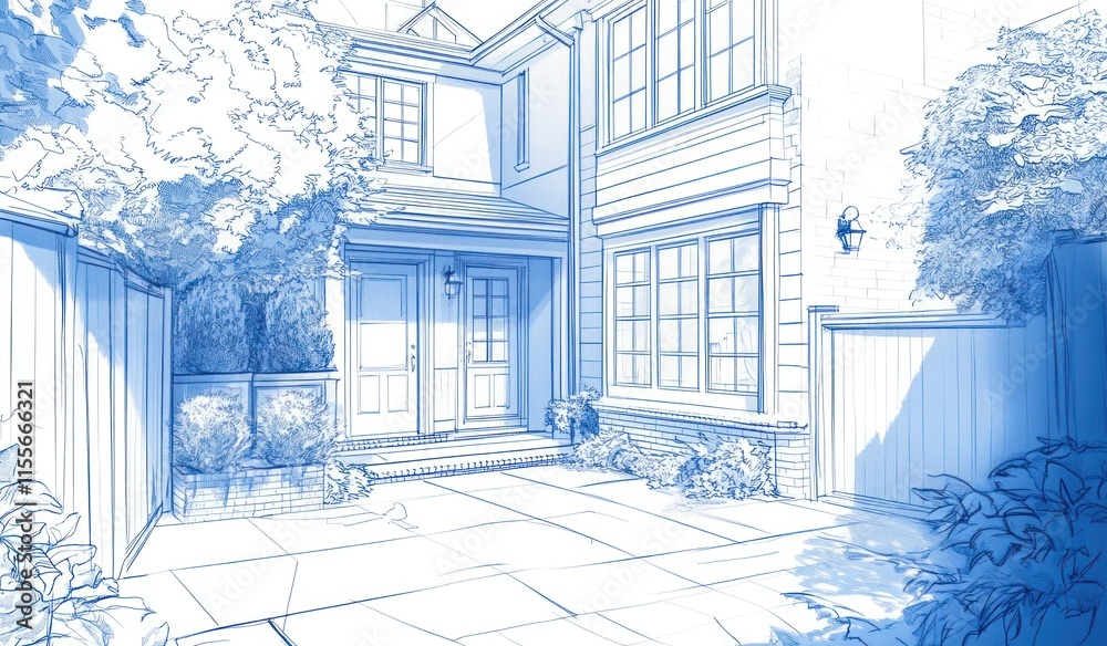 Poster blueprint sketch of a two-story house with courtyard.