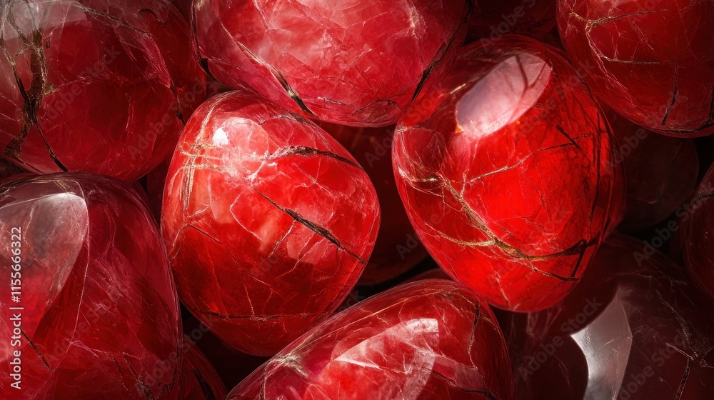 Poster Close-up of tumbled red stones with visible internal cracks and fissures, showing rich color and texture.