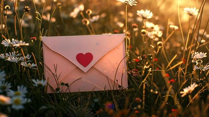 envelope with red heart in daisy field at sunrise, romantic message concept - Powered by Adobe